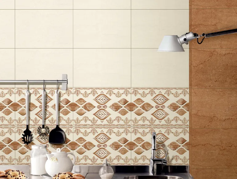 Classic small kitchen design with brown tiles